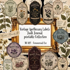 Vintage Apothecary Potion Labels, Printable Witchy Ephemera, Herbal Remedy, Junk Journal Printable, Commercial Use