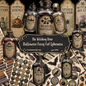 May include: A collection of Halloween-themed fussy cut ephemera featuring vintage-style potion bottles with labels like Deadly Nightshade, Toadstool Tonic, and Spider Venom, alongside circular stickers with skulls, bats, and cats, and text reading The Witching Hour.