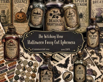 Halloween Fussy Cut Ephemera. Vintage Witch Printable Junk Journal Kit . Potion Labels, Apothecary, Gothic Halloween Cut Outs