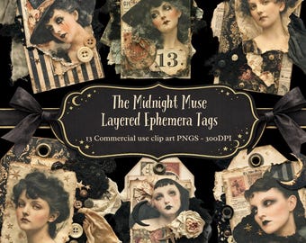 The Midnight Muse Layered Tags Clipart, Gothic Victorian Collage PNGs, Dark Academia Ephemera, Junk Journal Tags, Vintage Women