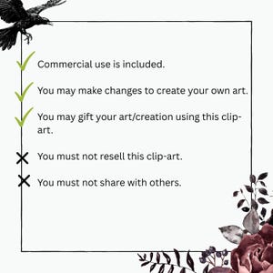 May include: A square frame containing text and icons. A black raven is at the top left, and dark floral elements are at the bottom right. Green checkmarks precede text about commercial use, modifications, and gifting. Black X marks precede usage restrictions.
