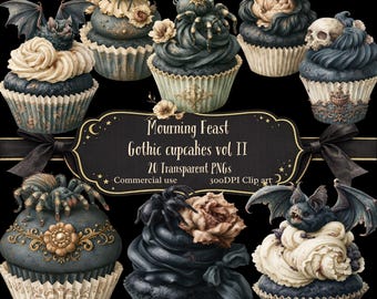 Gothic CupCakes PNG Clipart. Black spider Cakes, Dark Academia Dessert Art , Gothic Wedding,  Halloween Bat Cake Clipart