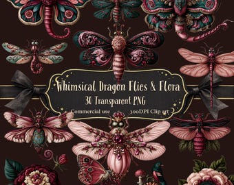 Dragonflies and Florals Clip Art PNGs. Whimsical Fantasy Insects. Gothic Dragonfly Collection. Vintage Botanical Art. Transparent PNG Bundle