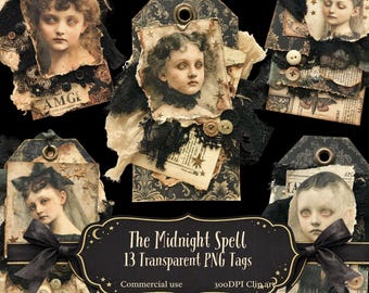 Victorian children Gothic Tags Clipart, Witchy Layered Ephemera PNGs, layered Journal Tags.