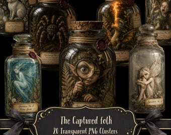 The Captured Folk Clipart, Enchanted Fairy Specimen Jars, Victorian Curiosity PNG , Dragons Elves Goblins Magical Creatures