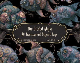 The Gilded Abyss,  Ornate Fantasy Fish PNG Bundle, Gothic Ocean Clipart, Victorian Sea Creatures. Dark Academia. Junk Journal Graphics