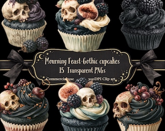 Gothic CupCakes PNG Clipart. Black Skull Cakes, Dark Academia Dessert Art , Gothic Wedding, Halloween Cake Clipart
