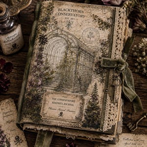 May include: A journal titled Blackthorn Conservatory Est. 1871 with a botanical illustration of a greenhouse on the cover. It features a green velvet ribbon tie, a metal key charm, and cream lace trim along the edge. The cover text reads The Conservatory Keeper's Journal Observe. Record. Preserve with a skull icon.