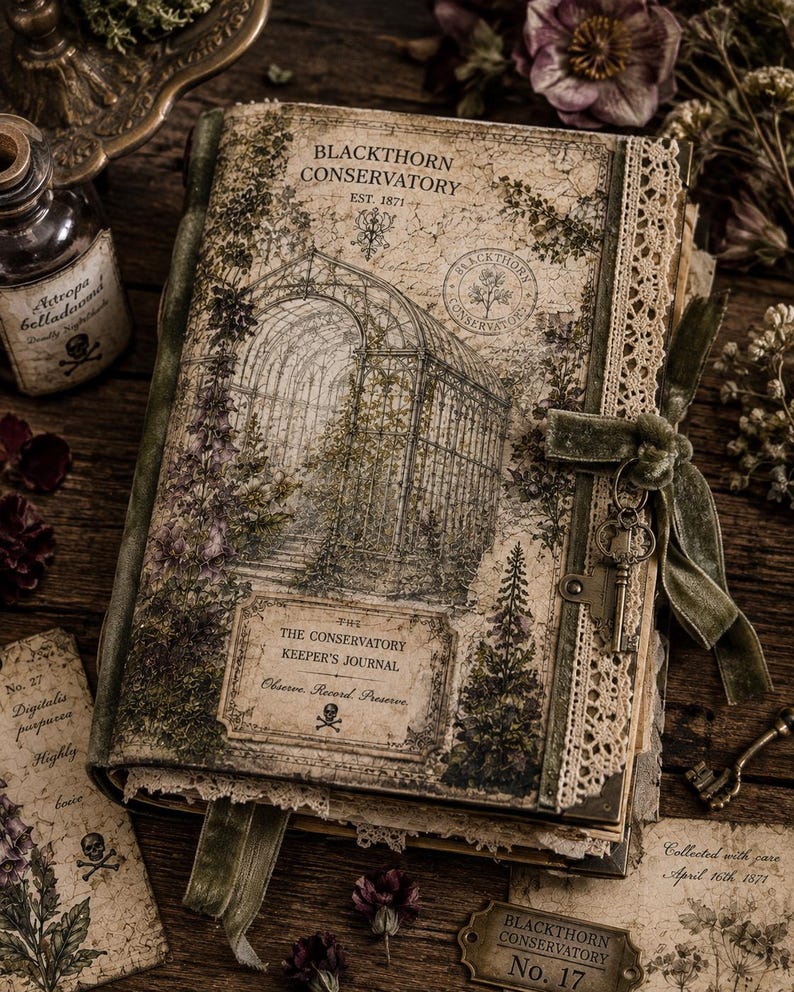 May include: A journal titled Blackthorn Conservatory Est. 1871 with a botanical illustration of a greenhouse on the cover. It features a green velvet ribbon tie, a metal key charm, and cream lace trim along the edge. The cover text reads The Conservatory Keeper's Journal Observe. Record. Preserve with a skull icon.