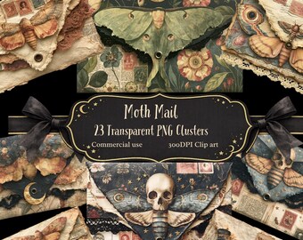 Moth Mail PNG, Vintage Layered Moth Envelopes , Gothic Junk Journal Clipart, Dark Botanical Ephemera