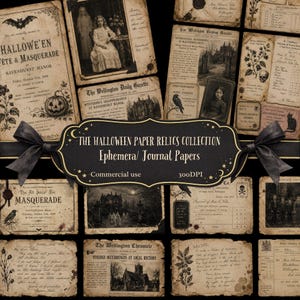 Peut inclure: Une collection d'éphémères et de papiers de journal style Halloween vintage avec des textures de parchemin vieilli, une typographie gothique, des illustrations de fantômes, corbeaux, crânes et coupures de presse victoriennes avec le texte The Halloween Paper Relics Collection.