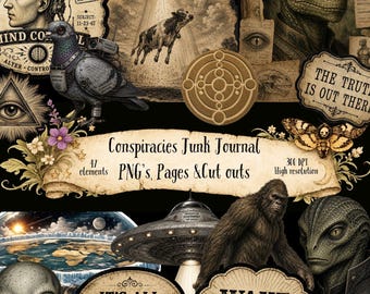 May include: A digital collage featuring conspiracy-themed graphics including a robotic pigeon, a cow being abducted, a flat earth, a UFO, Bigfoot, and reptilian figures. Text bubbles include "They're Watching," "Question Everything," and "Wake Up!" on a black background.