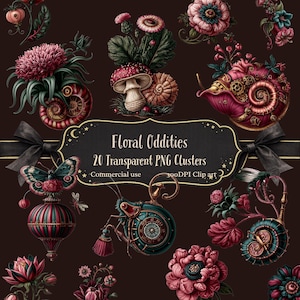 Floral Oddities Clip Art PNGs. Whimsical Gothic Flowers. Steampunk Botanicals. Vintage Fantasy Floral Elements. Transparent PNG Bundle
