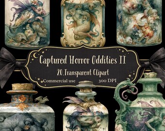 Horror Clipart, captured bottled oddities. Victorian Cabinet of Curiosities junk journal pngs.