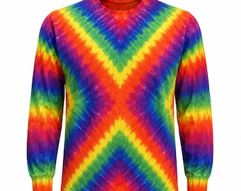 May include: A long-sleeve crew neck shirt featuring a vibrant rainbow tie-dye pattern. The design displays a symmetrical diamond-shaped motif centered on the chest, with radiating bands of red, orange, yellow, green, blue, and purple colors.