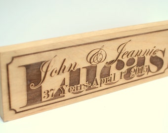 Personalized Laser Engraved Family Name Sign Plaque Wedding Gift Anniversary Monorgram Solid Alder Hardwood, Established Date Sign,