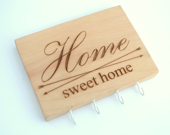 Personalized Laser Engraved Home Sweet Home Key Holder Solid Alder Hardwood, Entryway Plaque, Key Rack.