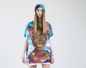 Oversized tshirt dress Summer brignt dress Turquoise Coral Hand-painted tunic with a portrait