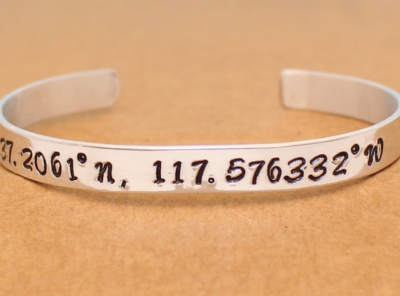 Geographical Coordinates Bracelet Personalized Sterling Silver Cuff Latitude and Longitude