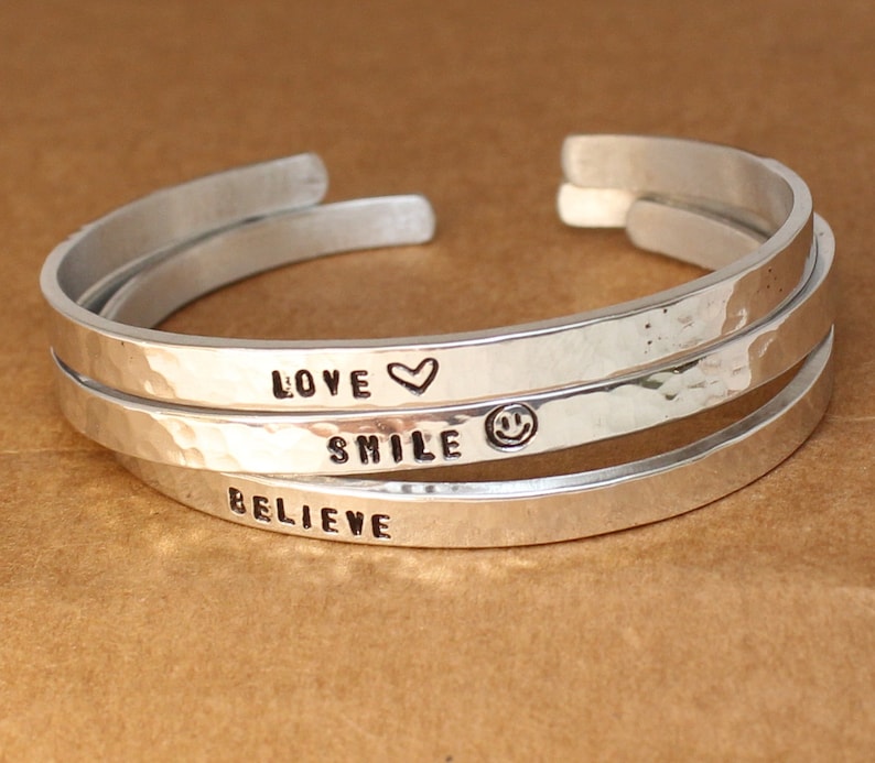 Sterling Silver Cuff. Enter You Text -Hammered Set of 2 bracelets.. Handmade Two Personalized Sterling Silver Bracelet