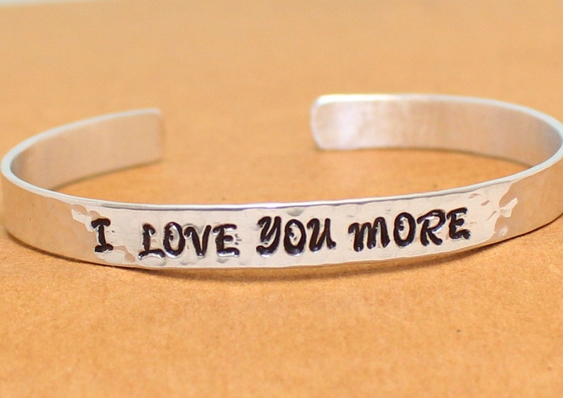 Sterling Silver Bangle- Hammered Gift for Her Him Love Gift I Love You More Personalized