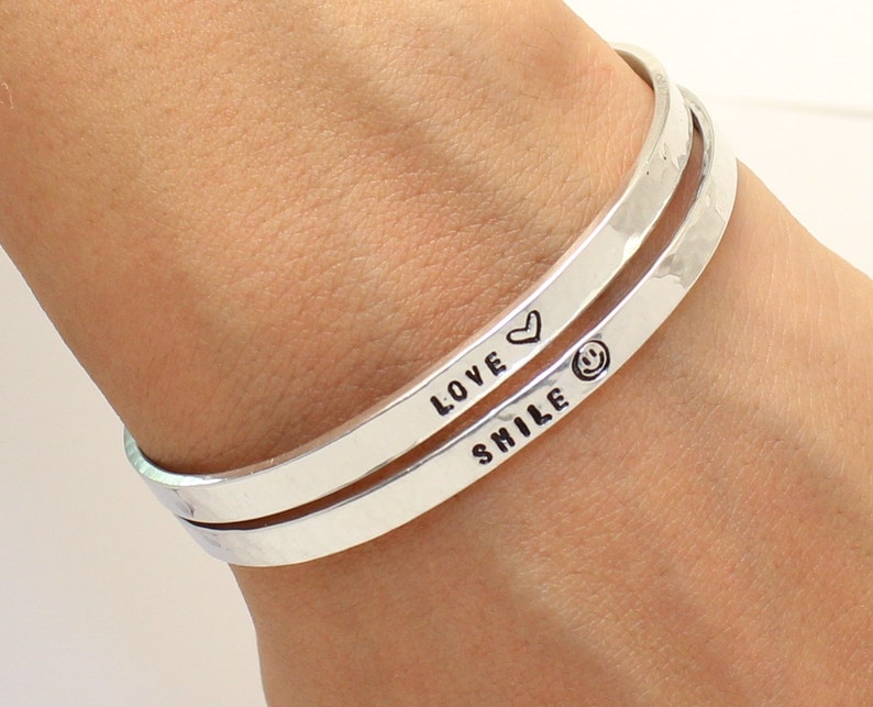 Sterling Silver Cuff. Enter You Text -Hammered Set of 2 bracelets.. Handmade Two Personalized Sterling Silver Bracelet