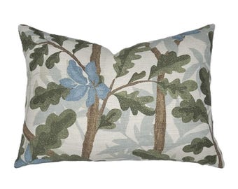 Woodlands Green Botanical Lumbar Pillow Cover | Multiple Sizes | Large Scale | Green Brown and Blue | Designer | Linen