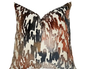 Mirage Indigo Rust Cut Velvet Pillow Cover | Designer | Warm Earth Tones | High End