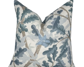 Woodlands Blue Botanical Pillow Cover | Large Scale | Warm Blue Tones on Cream | Designer | Linen