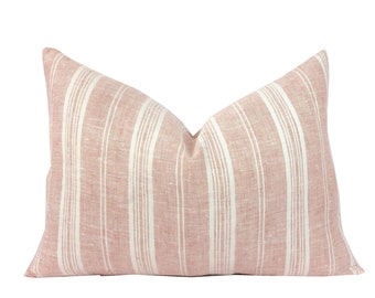 Rosy Pink Lumbar Pillow Cover | Linen | Lumbar sizes | Same Fabric Both Sides | Dusty Rose | Bohemian | Pink and White Stripe
