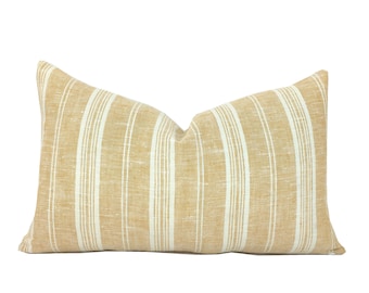 Mustard Lumbar Pillow Cover | Linen | Lumbar sizes | Same Fabric Both Sides | Ochre | Bohemian | Gold and White Stripe