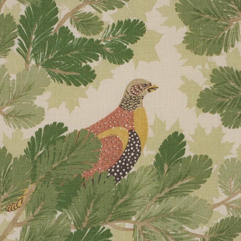 May include: A stylized illustration of a bird with red, yellow, and black markings perched on a branch of green pine needles. The background is a light beige with a subtle pattern of green leaves.