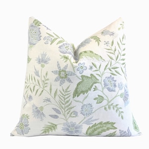 Kathy Vine Blue and Green Linen Pillow Cover | Designer | High End | Soft Sky Blue and Green on Belgian Linen