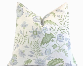 Kathy Vine Blue and Green Linen Pillow Cover | Designer | High End | Soft Sky Blue and Green on Off White Belgian Linen