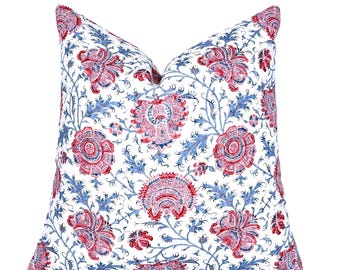 Indiennes Floral Berry Pillow Cover | Lee Jofa | Designer | Blue and Red Floral | High End