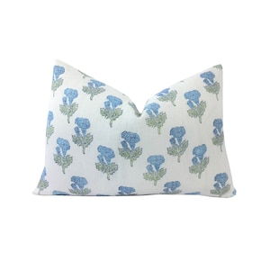 Samali Blue and Green Floral Lumbar Pillow Cover | Hand Block Print on Linen | Multiple Lumbar Sizes | Light Blue | High End