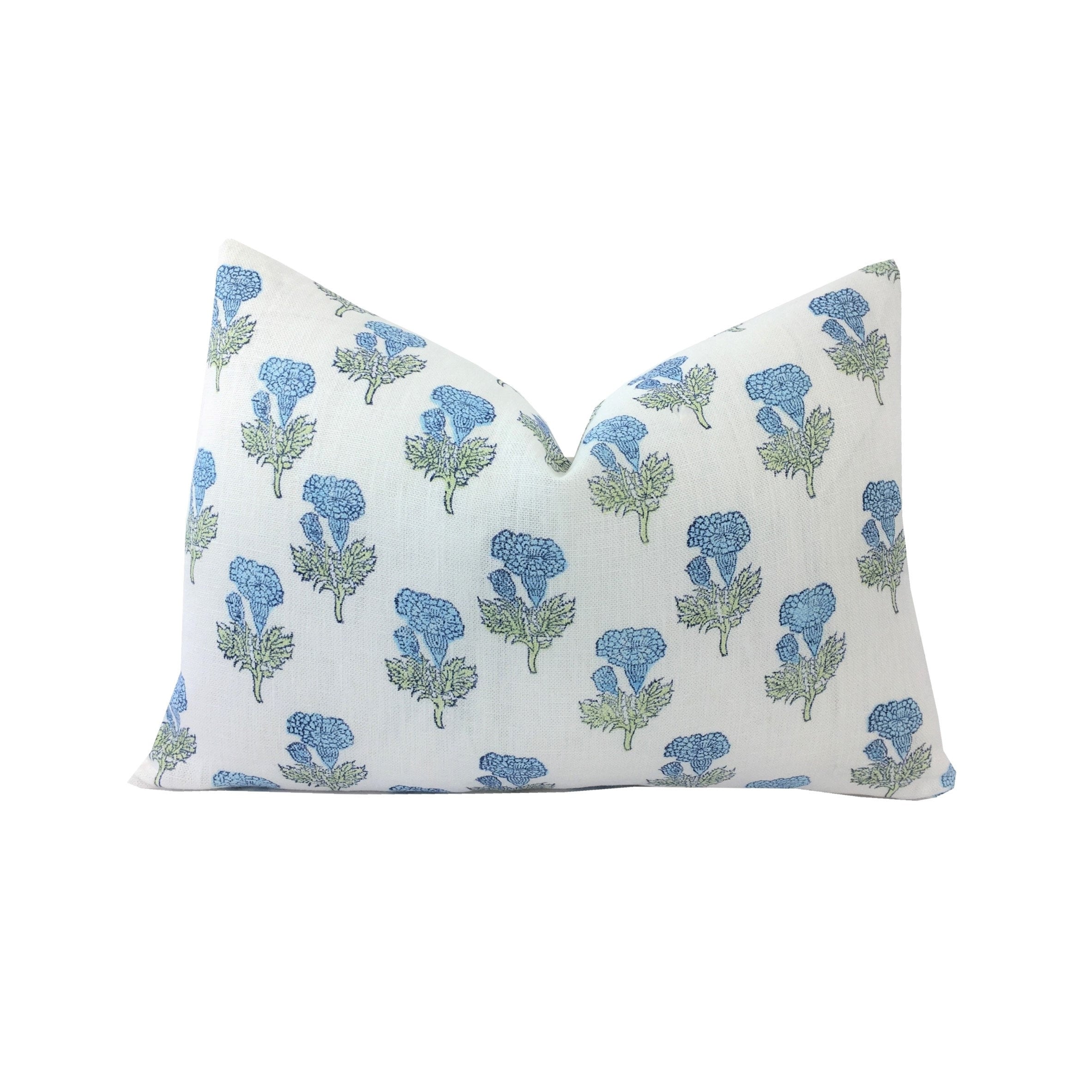 Samali Blue and Green Floral Lumbar Pillow Cover | Hand Block Print on Linen | Multiple Lumbar Sizes | Light Blue | High End