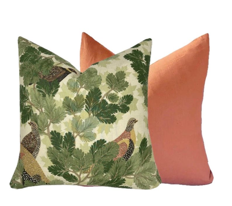 May include: Two decorative throw pillows, one with a green and white pattern of birds and leaves, and the other a solid coral color.