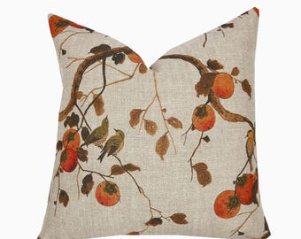 Persimmon Birds Pillow Cover | Brown & Persimmon Tones Botanical | Large Scale | Nathan Turner | High End | Designer