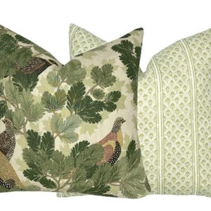 May include: Two decorative throw pillows with a nature theme. One pillow features a green and brown bird and leaf pattern on a cream background. The other pillow has a green and white geometric pattern.