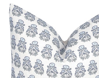Melanie Blues on Cream Pillow Cover | Sky Blue | Blue| Navy | Floral | Designer | Linen | Neutral
