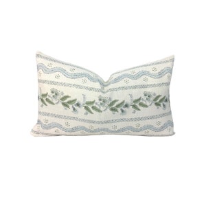 Emma Stripe Linen Lumbar Pillow Cover |  Designer | High End | Multiple Sizes | Soft Sky Blue and Green on Off White Belgian Linen