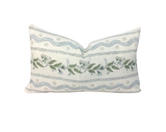 Emma Stripe Linen Lumbar Pillow Cover |  Designer | High End | Multiple Sizes | Soft Sky Blue and Green on Off White Belgian Linen