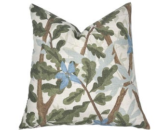 Woodlands Olive Green Botanical Pillow Cover | Large Scale | Green Brown and Blue | Designer | Linen