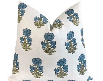 Talia Blue and Green Floral Block Print Pillow Cover | Hand Block Print on Linen | Medium Scale | Mughal Flower | High End