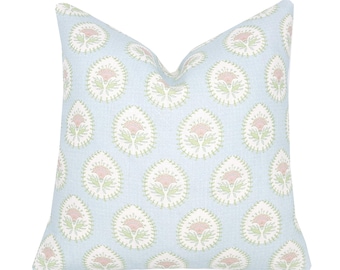 Daphne Soft Blue and Pink Linen Pillow Cover | Soft Blue and Pink | Designer | High End | 1 or 2 Sided