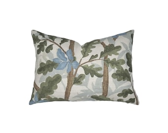 Woodlands Green Botanical Lumbar Pillow Cover | Multiple Sizes | Large Scale | Green Brown and Blue | Designer | Linen