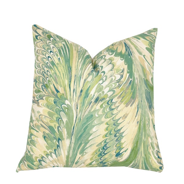 Taplow Jade Leaf Pillow Cover | Lee Jofa | Shades of Green Marbelized Pattern | Designer  | 1 or 2 Sided  High End