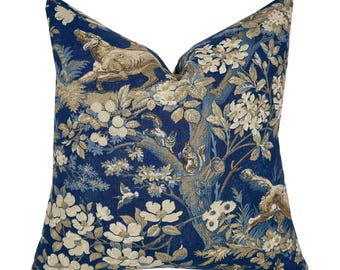 Schumacher Hound Meadow Indigo Pillow Cover | Indigo Navy Blue Tones | Warm Neutral | 1 or 2 Sided | Designer