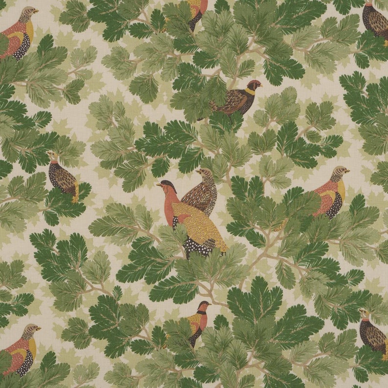 May include: A repeating pattern of green leafy branches and colorful birds. The birds are brown, red, yellow, and black with white spots. The background is a light cream color.